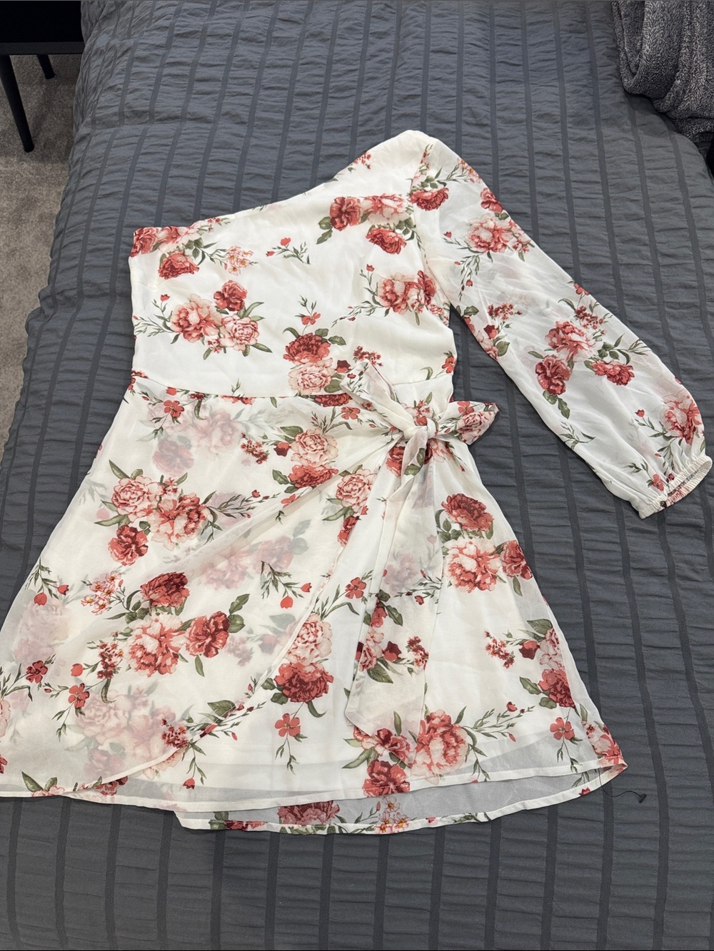 One-Shoulder Floral Wrap Dress in White with Rose Print